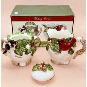 Cracker Barrel Birds Sugar & Creamer Holiday Gardens Winter Cardinals Set NIB